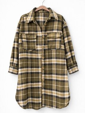 H&M Olive Plaid Utility Shacket with White & Navy Stripes